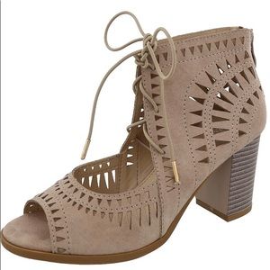 Laser cut chunky heel ankle bootie sandal